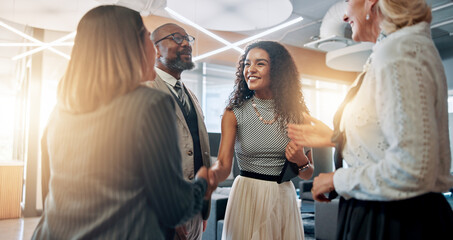 Poster - Meeting, handshake and business people in office for partnership, agreement and thank you. Corporate, teamwork and happy men and women shaking hands for collaboration, success and b2b networking