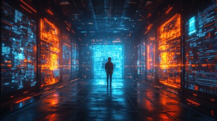 Poster - Futuristic Data Center Female Chief Technology Officer Analyzing Data on Glowing Screen in Cyberpunk Environment