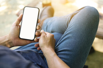 Mobile phone blank white screen mockup.texting using cell phone.background empty space for advertise.work people contact marketing business,technology