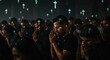 © Светлана Воротняк - Futuristic Worship – Praying People with Glowing Neon Crosses in a Mystical Church Setting