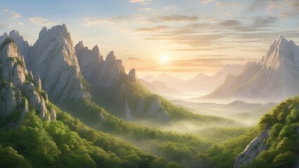 a breathtaking landscape view of a mountainous region at sunrise.