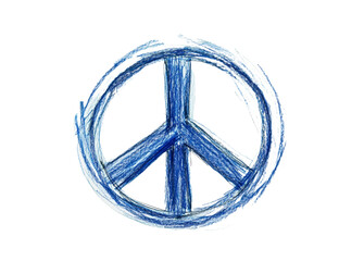 Leinwandbilder - On a white background, a peace sign characteristic of the grunge style is drawn with blue chalk