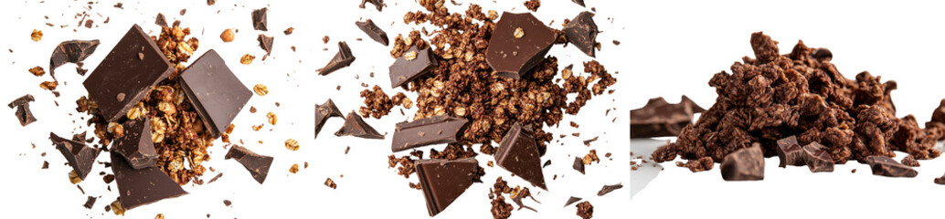 Poster - Crunchy granola and muesli are piled high with chocolate and set against a white background in this top-down view