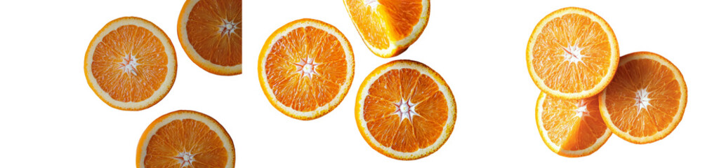 Poster - The image features a overhead view of succulent orange slices, teeming with juice, that have been carefully placed on a spotless white background