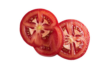 Poster - Fresh, ripe, red tomatoes, cut in half, are shown from the top on a plain white background
