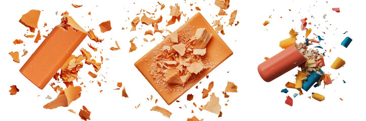 Aufkleber - From directly above, a yellow eraser with its accumulated shavings is set against a white backdrop