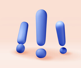 Poster - 3D blue exclamation mark isolated on white. Render attention, information, danger and warning icon. Alert and alarm symbol. Social media network notification reminder. Vector illustration