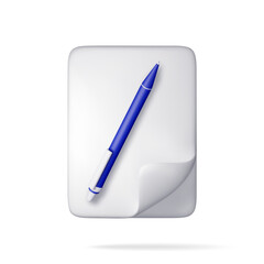 Poster - 3d white blank paper page with blue pen isolated. Render paper sheet with folded edge with ballpoint pen. Empty document, mail, notes or letters mockup. Vector illustration