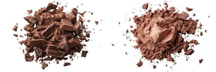 Poster - A white background serves as the backdrop for a pile of chopped and milled chocolate paired with a hazelnut, shown in a top view