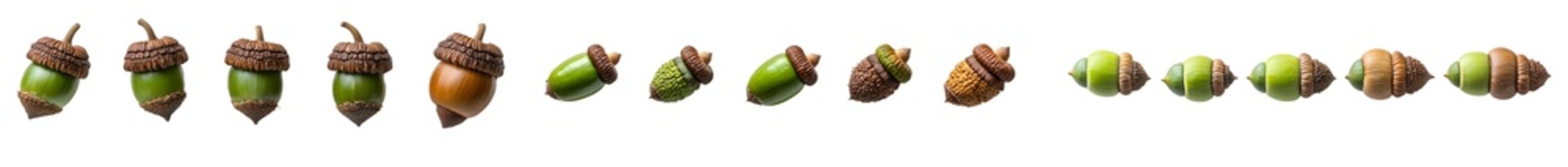 Poster - Green and brown acorns, isolated on white, are set in a collection and viewed from directly above