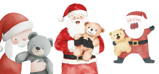 Aufkleber - Santa Claus and a bear are illustrated in watercolor on a solitary white Christmas background