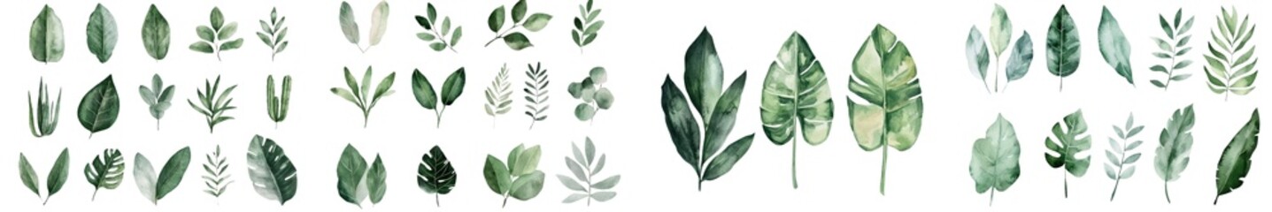 Aufkleber - A set of watercolor illustrations featuring tropical plants, including green-leaved banana palms, cactus, succulent, and monstera, are presented together on a white background as a botanical painting