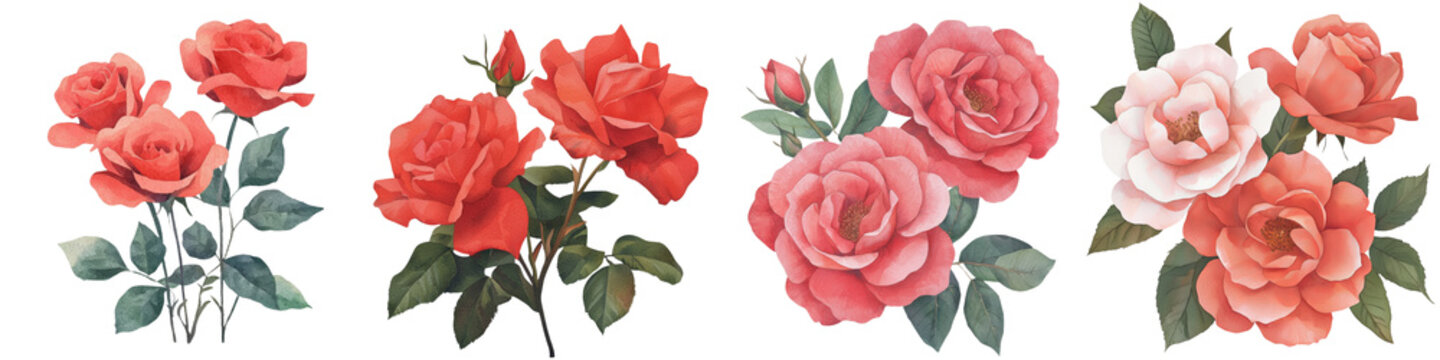 A beautiful, isolated white background provides the perfect setting for a stunning watercolor illustration of a red rose bouquet, rendered in botanical painting style