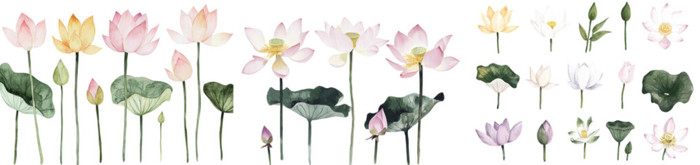 Aufkleber - An isolated white background serves as the setting for a watercolor clipart depiction of lotus flowers, seeds, buds, and a water lily