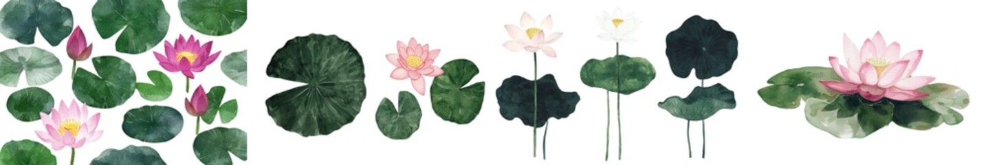Aufkleber - A set of lotus leaves in watercolor is positioned on a solitary white background