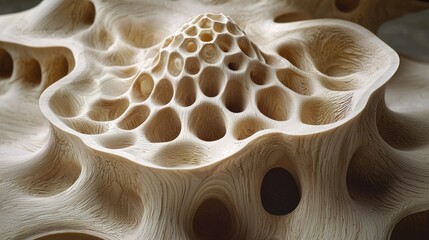 Porous, organic-looking structure with honeycomb pattern and smooth tan surface