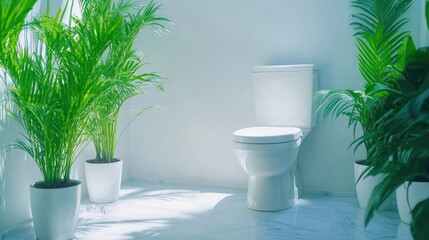Poster - Bright and serene bathroom with a white toilet and lush green plants