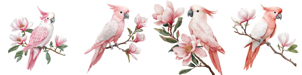 Poster - Watercolor illustration of a pink cockatoo parrot accompanied by magnolia flowers, isolated on a white background and rendered as a hand-drawn poster