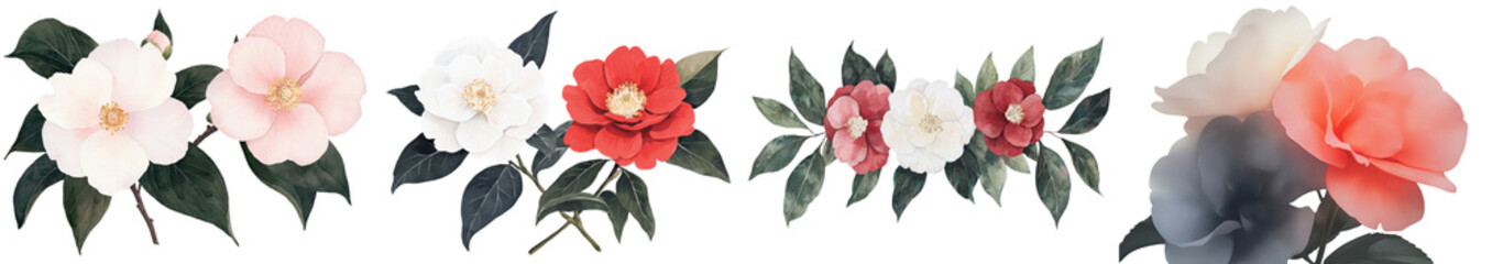 Aufkleber - Botanical painting featuring a camellia flower branch, illustrated by hand in watercolor, positioned on a plain white background to highlight the beauty of spring flora