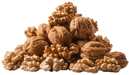 Aufkleber - On a white background, a pile of unshelled walnuts stands in isolation