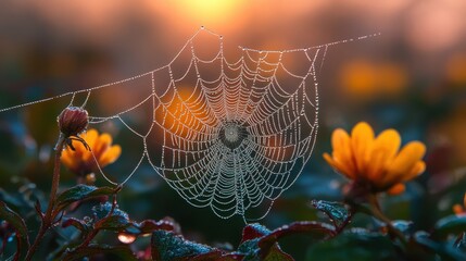 A spider web decorated with water droplets hangs near flowers