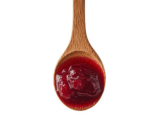 Poster - Traditional strawberry jam and a wooden spoon are shown in isolation on a white background