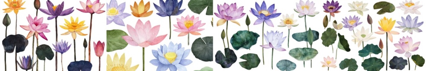 Poster - This botanical illustration, presented in a delicate hand drawing and watercolor painting style, features a large set of lotus flowers, including buds, seeds, and leaves, all set against an isolated