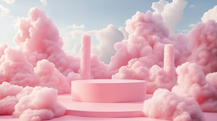 Poster - Dreamy pink podium on a cloud-filled pastel sky background for an elegant product presentation