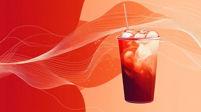 A warm red summer-themed illustration with a focus on an iced coffee cup, accented by flowing minimal lines and a sleek vector background