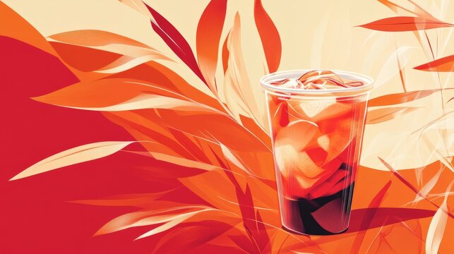 A warm red summer-themed illustration with a focus on an iced coffee cup, accented by flowing minimal lines and a sleek vector background