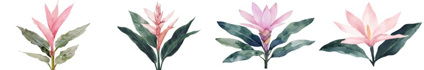 Poster - Jungle botanical watercolor illustrations, showcasing tropical plants and bromeliad flowers, are set on a white background, making them perfect for a greeting card