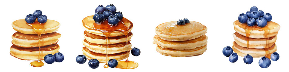 Poster - Pancakes served with honey and berries, shown as fast food in a watercolor illustration set against an isolated white background
