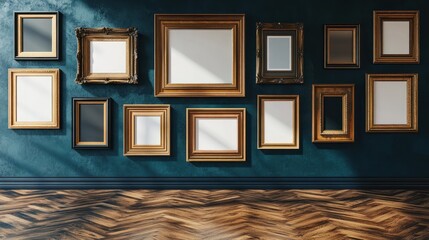 Poster - Elegant empty picture frames arranged on a dark teal wall, showcasing shadows