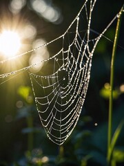 Wall Mural - Close-up of a spider web with sunlight