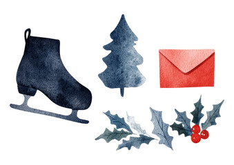 Aufkleber - Watercolor illustrations of Christmas-themed items, including spruce branches, holly, a candle, skates, and an envelope, set against a white isolated background