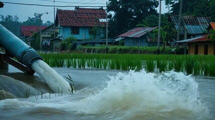 Rivers overflow and water floods the surrounding rice fields, affecting homes in a rural setting under a gray sky