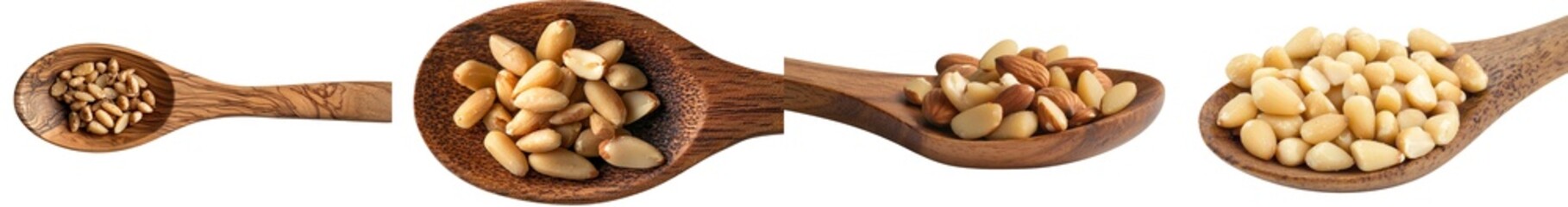 Poster - Pine nuts are paired with a wooden spoon on a white background
