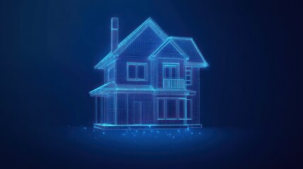 Aufkleber - Digital representation of a house in blue neon outline on dark background