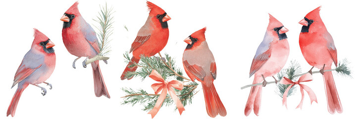 Aufkleber - A Christmas composition is formed by a watercolor illustration of red birds, holly leaves, and spruce branches against a white background