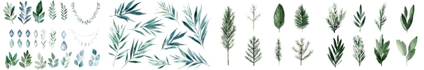 Poster - The watercolor botanical illustration showcases a set of green spruce branches set against a white background