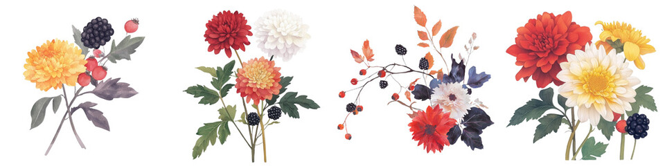 Aufkleber - Vibrant watercolor flowers, comprising chrysanthemums, blackberries, and autumn leaves, are presented on a simple, isolated background