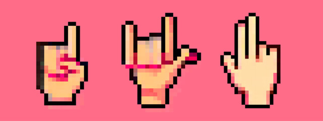 Poster - Pixel art illustration of three hand gestures on a pink background. The designs include pointing and a rock sign. Perfect for retro or digital-themed projects.