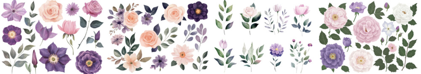 Poster - A set of flowers consisting of dahlia, rose, clematis, and hydrangea is presented in a watercolor botanical illustration