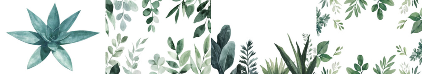 Poster - A floral bouquet composed of tropical plant leaves is illustrated in watercolor on a white background, embodying a jungle design in botanical art