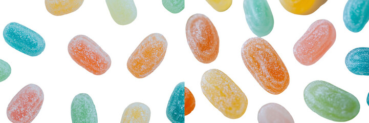 Poster - From a top view, a white background isolates a colorful dessert snack pile consisting of sour jellybeans and fruit candy