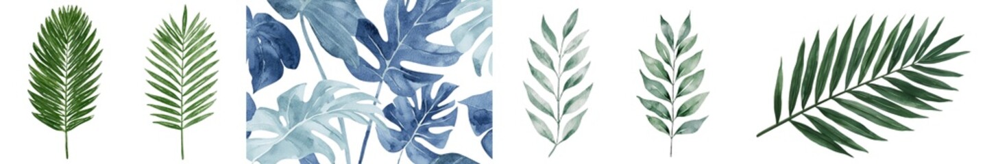 Poster - Jungle-inspired design consisting of tropical watercolor palm leaves on a simple white background