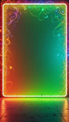 Poster - Glowing Neon Frame with Colorful Swirls on Reflective Floor Background