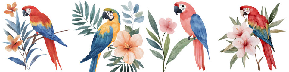 Poster - Summer print of a watercolor botanical painting, composed with parrot, flowers, and palm leaves