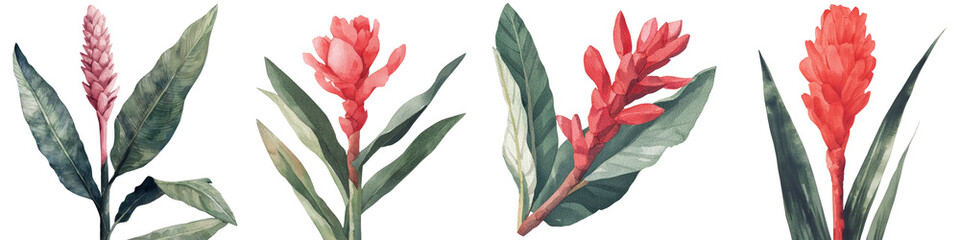 Poster - The beauty of tropical flowers is captured in a hand drawing of the Guzmania flower, rendered as a watercolor botanical painting