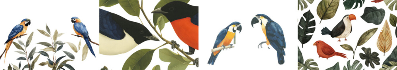 Poster - This watercolor botanical painting features a parrot surrounded by tropical plants, including palm leaves and a guzmania flower, all drawn by hand